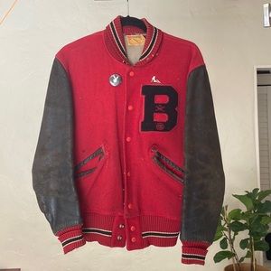 Vintage Leather and Red Wool Letterman Jacket - Women's Large